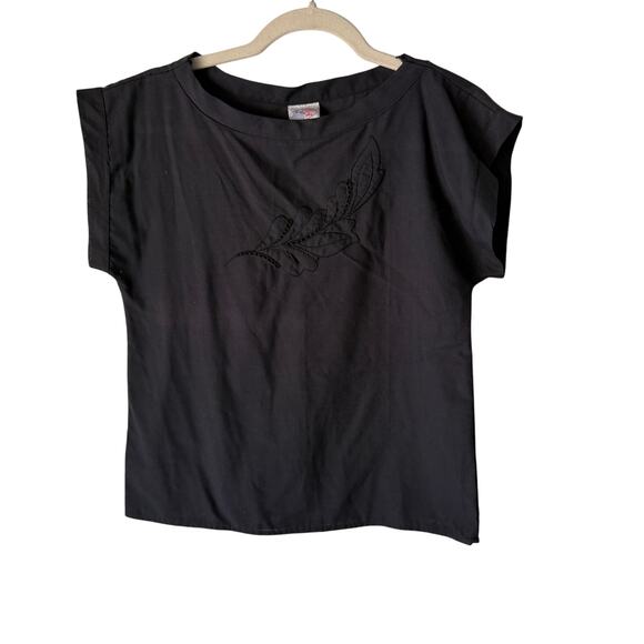 Vintage 60s Land ‘n Sea Black‎ Embroidered Blouse Made in USA Minimalist Top M - Picture 1 of 9